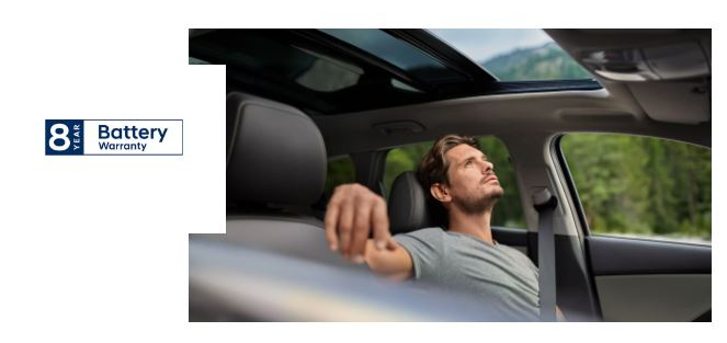 Man sitting in a car with a view of an open sunroof and an 8-year battery warranty sign.