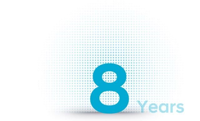 The number 8 Years in blue with a dotted halftone pattern behind.