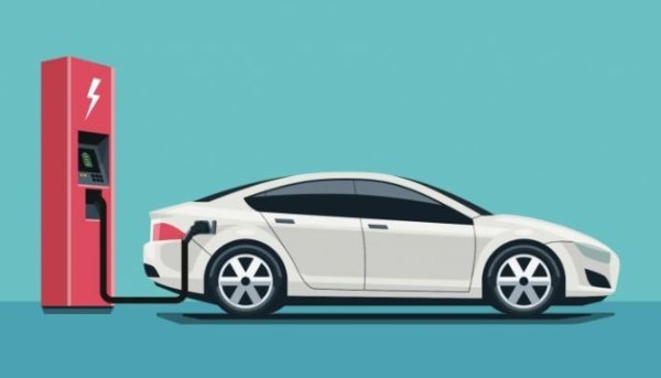 Electric car plugged into a red charging station.