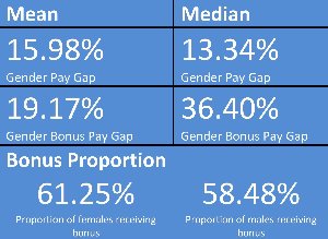 Gender and bonus pay gap percentages with female and male bonus proportions.