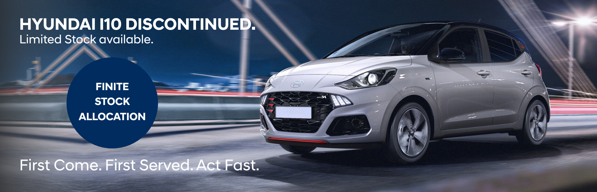 Silver Hyundai i10 car with text about discontinuation and limited availability.