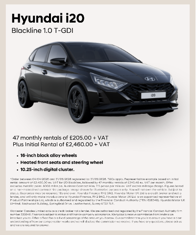 Hyundai i20 Blackline car with rental details and features highlighted.