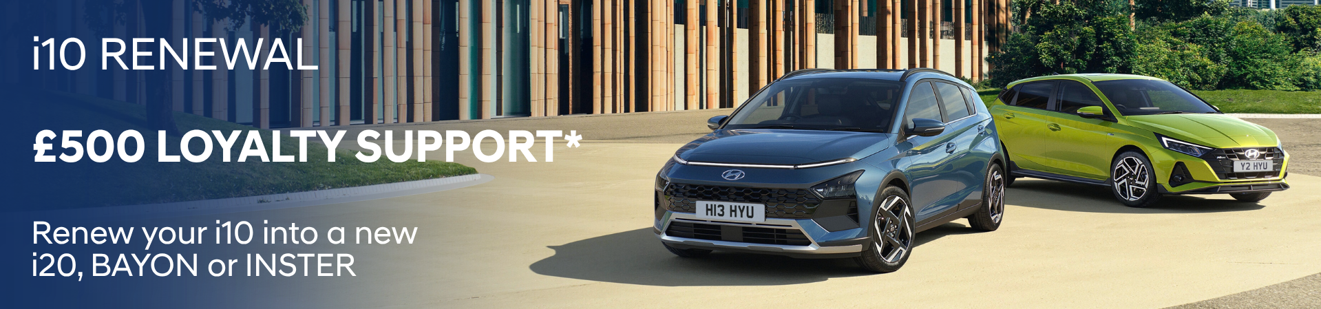 Blue and green cars parked on a driveway with i10 renewal and loyalty support text.