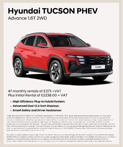 Red Hyundai Tucson PHEV car shown with specification and rental details.