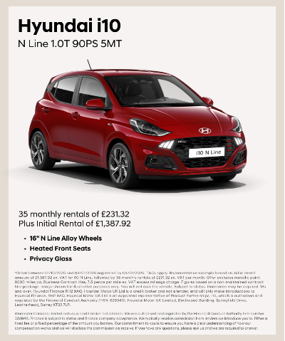Red Hyundai i10 N Line car with text detailing rental pricing and features.
