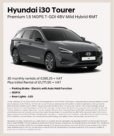 Hyundai i30 Tourer car with leasing details and features listed.
