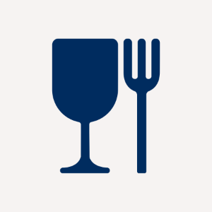 Icon of a wine glass and fork in blue.