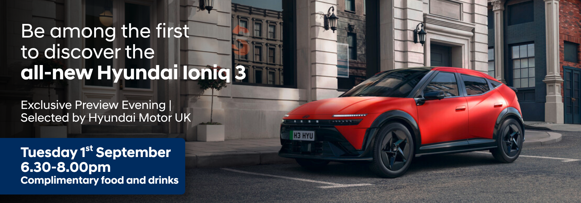 Red Hyundai Ioniq 3 on a street with event details on the left side of the image.