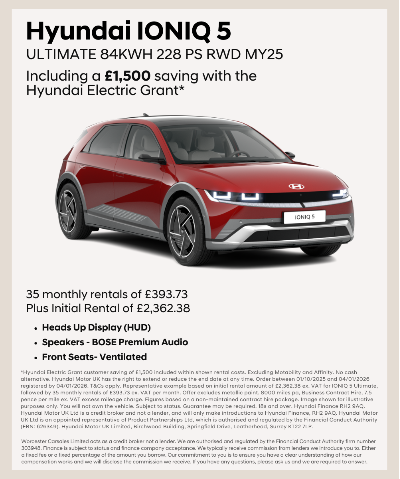 Red Hyundai IONIQ 5, 84KWH, 228 PS, text detailing rental options and electric grant offer.