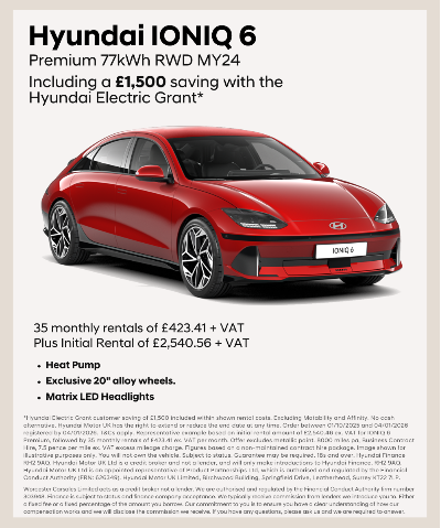 Red Hyundai IONIQ 6 car on display with leasing details and features listed.