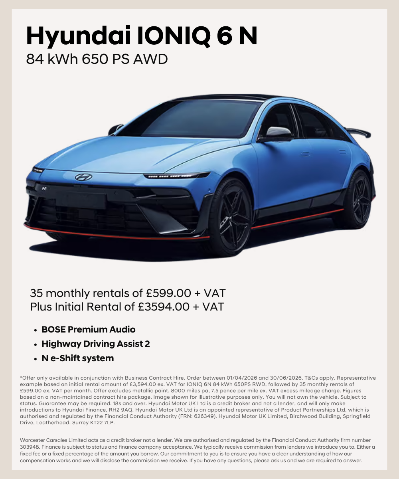 Hyundai IONIQ 6 N blue car with rental details and features listed.