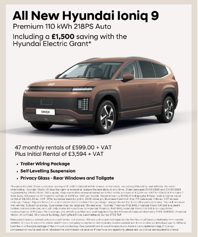 Hyundai Ioniq 9 car with leasing offer details and features listed on the right.