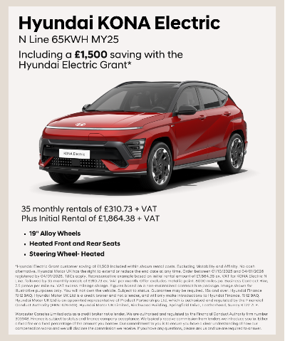 Red Hyundai KONA Electric N Line with features and lease details displayed.