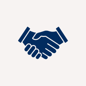 Icon of a handshake in blue, representing agreement or partnership.