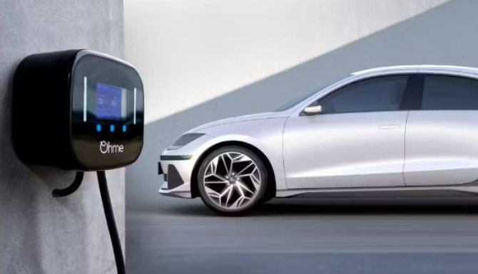 Electric car connected to a wall-mounted charging unit.