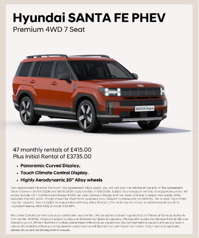 Hyundai SANTA FE PHEV in a promotional image with text and details at the bottom.