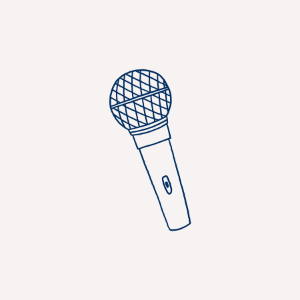 Line art of a handheld microphone with a mesh head and a switch on the handle.