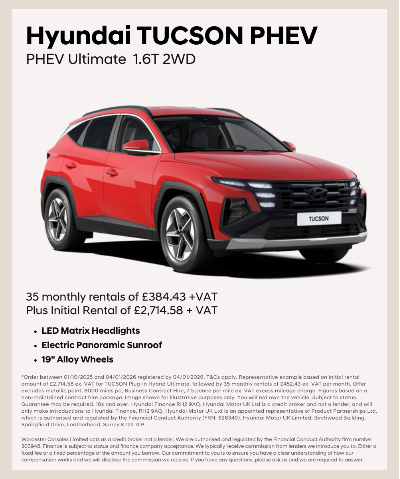 Red Hyundai Tucson PHEV car with rental details and features listed.