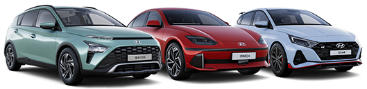 Three Hyundai cars side by side: a green Bayon, a red Ioniq 6, and a white i20 N.